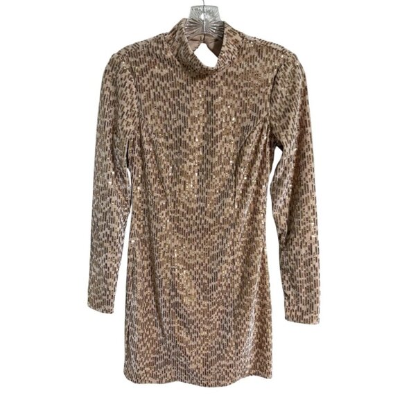 Francesca’s Blue Rain Mock Neck Sequin Mini Dress S Beige Gold Long Sleeve NWT - Picture 1 of 8